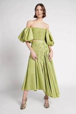 Siren Drawstring Midi Skirt -Aje S109 22AW4150 SirenDrawstringMidiSkirt BayleafGreen 22273 Aje 2822 frontshot