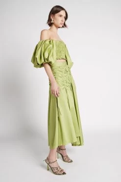 Siren Drawstring Midi Skirt -Aje S109 22AW4150 SirenDrawstringMidiSkirt BayleafGreen 22273 Aje 2823 fullshot