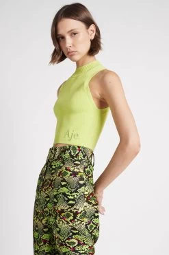 Lena Logo Crepe Knit Tank -Aje S113 22AW1660 LenaLogoCrepeKnitTank ChartreuseGreen 22273 Aje 0644