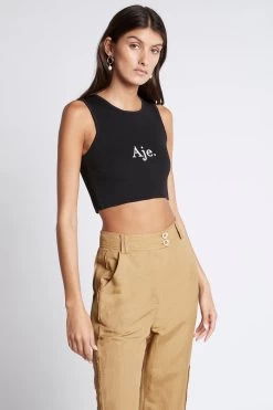 Bardot Knit Logo Cropped Tank 12 Bardot Knit Logo Cropped Tank -Aje S19 22CR1565 BardotKnitLogoCroppedTank Black White 211033 Aje 19211