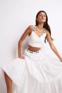 Bardot Logo Tiered Midi Skirt -Aje S21 22CR1571 BardotKnitLogoTapeTop White 211033 Aje 19235 detailshot