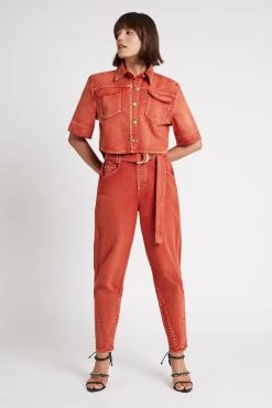 Gianna Denim Cropped Shirt -Aje S28 22SU1454 SCARLETRED GiannaDenimCroppedShirt 22078 Aje 0346 fullshot