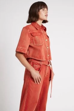 Gianna Denim Cropped Shirt -Aje S28 22SU1454 SCARLETRED GiannaDenimCroppedShirt 22078 Aje 0354