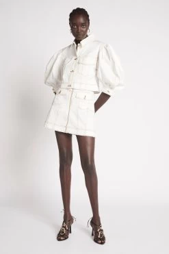 Isla Denim Puff Sleeve Crop Top -Aje S44 22SS1798 IslaDenimPuffSleeveCroppedTop WHITE TAN 22052 Aje D1 2001