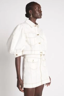 Isla Denim Puff Sleeve Crop Top -Aje S44 22SS1798 IslaDenimPuffSleeveCroppedTop WHITE TAN 22052 Aje D1 2020