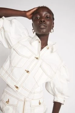 Isla Denim Puff Sleeve Crop Top -Aje S44 22SS1798 IslaDenimPuffSleeveCroppedTop WHITE TAN 22052 Aje D1 2041