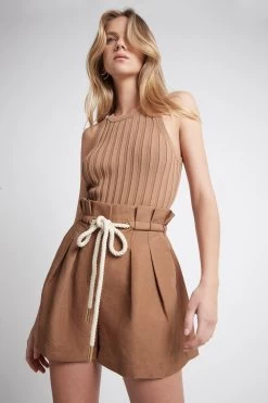 Cantina Paperbag Tie Waist Short -Aje S56 21RE3064 CantinaPaperbagTieWaistShort Walnut Brown 21928 Aje 56975 detailshot
