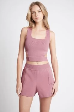 Livadi Cropped Tie Knit Logo Top 9 Livadi Cropped Tie Knit Logo Top -Aje S59 21RE1321 LivadiCroppedTieKnitTop Rosewood Pink 21928 Aje 1059 frontshot