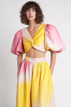 Cloud Burst Puff Sleeve Cropped Top -Aje S63 22AW1769 TIEDYEPINK CloudBurstPuffSleeveCroppedTop 22263 Aje 2447 frontshot